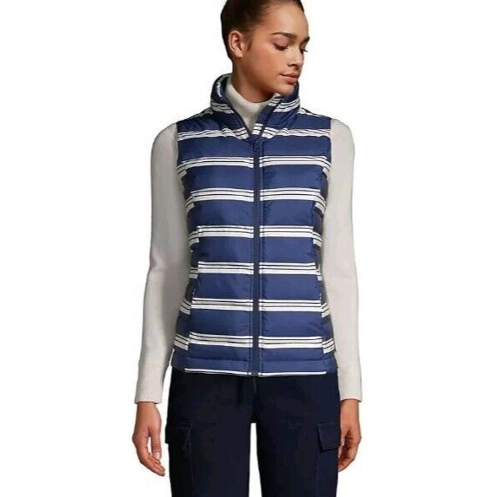 LANDS END Womens Down Feather Puffer Vest 600 Fill Blue White Stripe Plus 1X